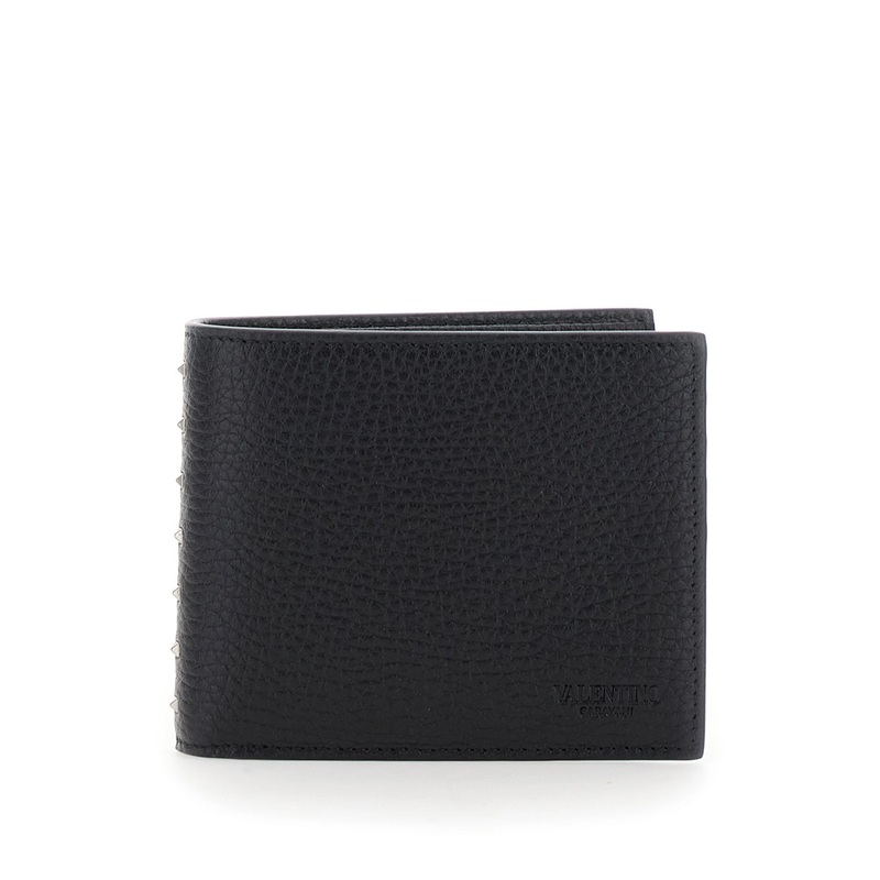 Black Bi-Fold Wallet with Rockstud Details in Grained Leather Man