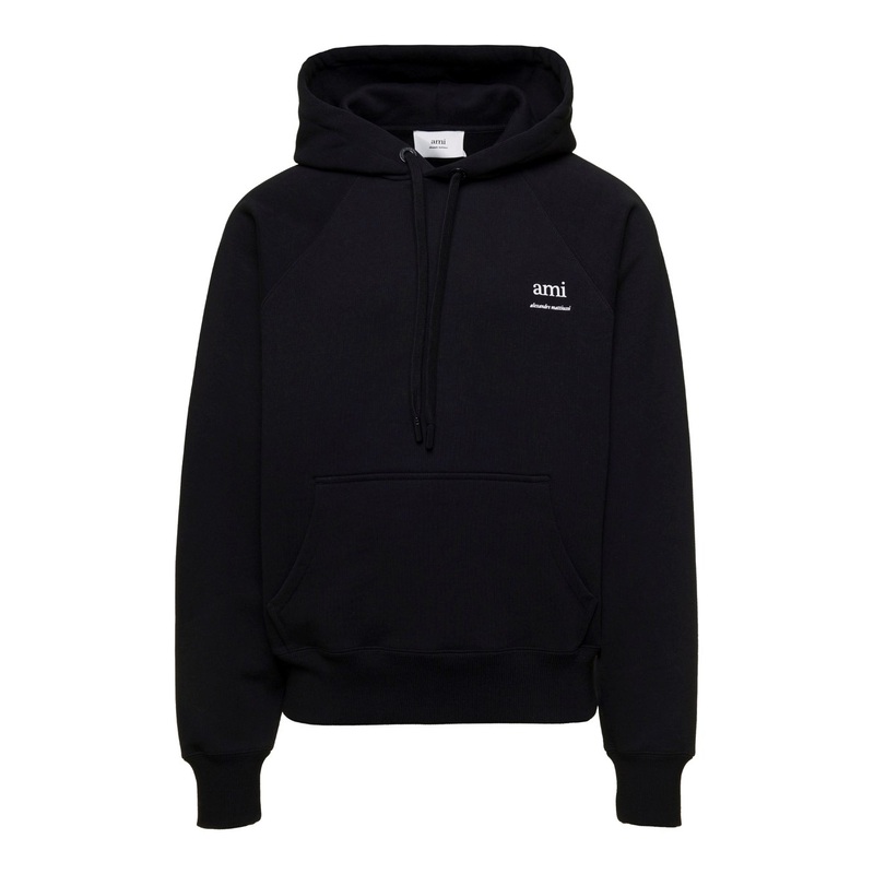 Black Hoodie with Drawstring Hood and Logo Detail on the Front in Cotton Man