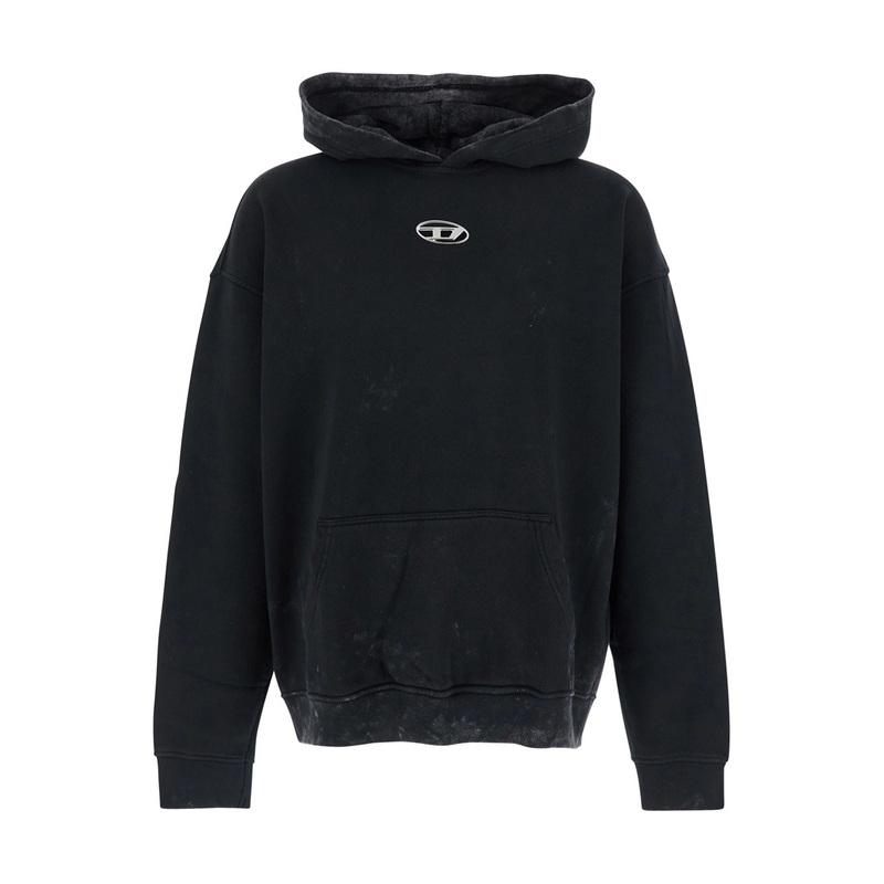 Black Hoodie with Logo Patch on the Front and Faded Effect in Cotton Man