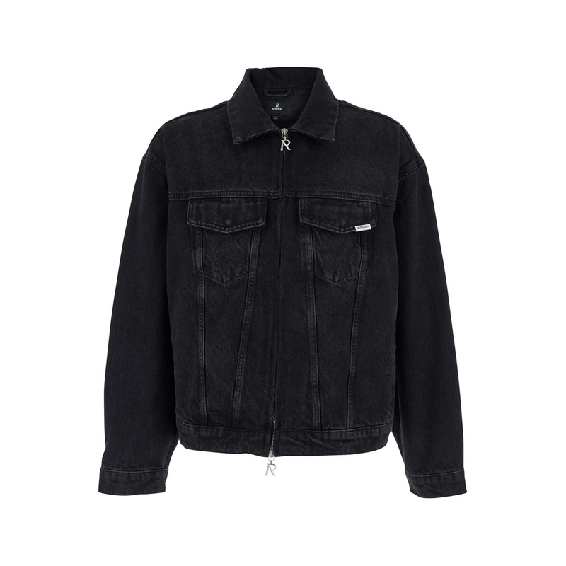 Black Jacket with Classic Collar and Logo Patch on the Pocket in Denim Man