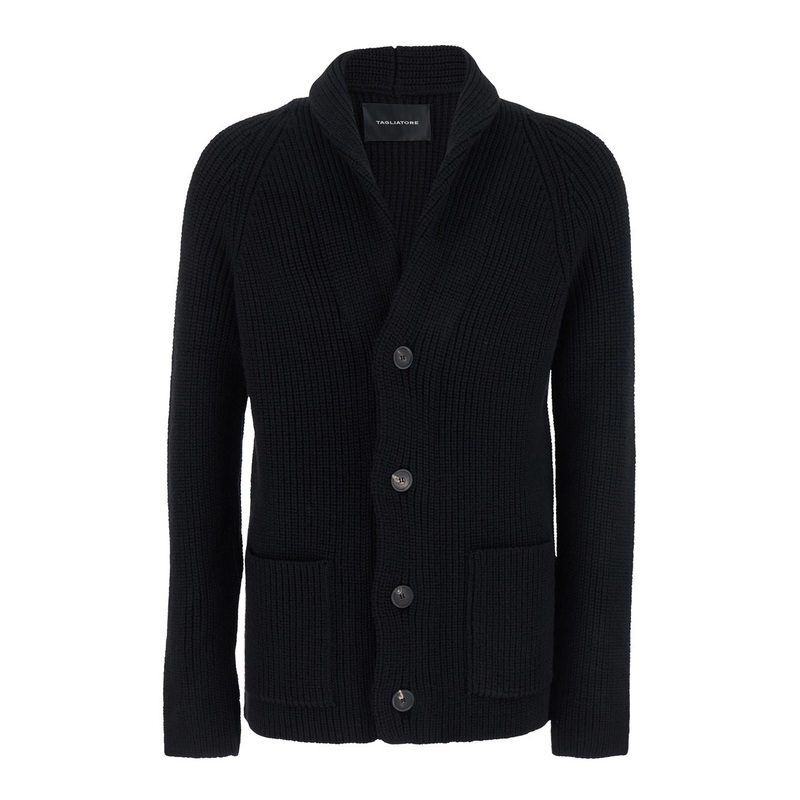 Black Knit Cardigan with V Neck in Wool Man