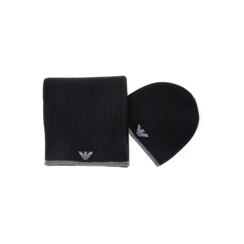 Black Scarf and Beanie Set with Logo Embroidery in Wool Blend Man