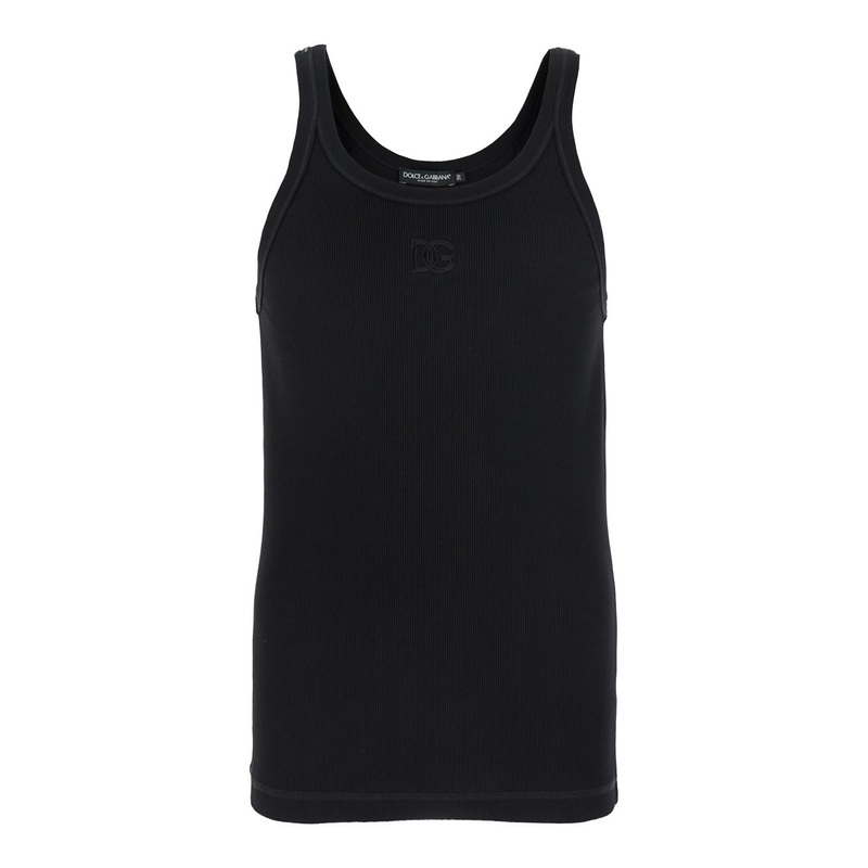 Black Sleeveless Top with Logo Embroidery on the Front and Ribbed Knit in Cotton Man