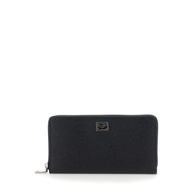 Black Wallet with Logo Plaque on the Front in Grained Leather Man