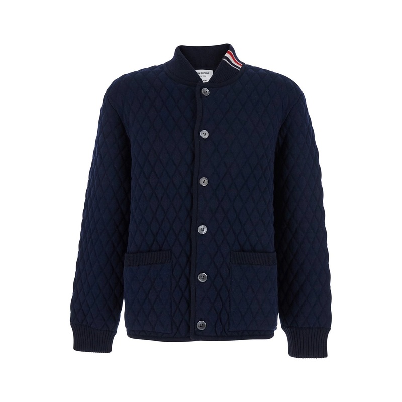 Blue Quilted Jacket with Bomber Collar and Logo Embroidery on the Collar in Wool Man