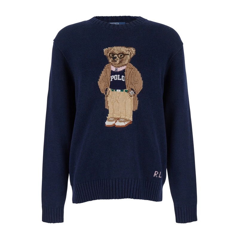 Blue Sweater with Logo Embroidery on the Front and Logo Lettering on the Front in Cotton and Linen Blend Man