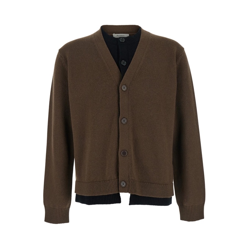 Brown Cardigan with V-Neck and Layered Design in Fabric Man