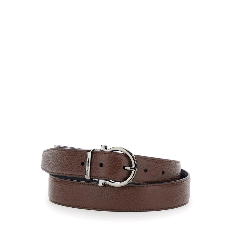 Brown Reversible Belt with Gancini Buckle and Metallic Loop with Logo Lettering in Grained Leather Man