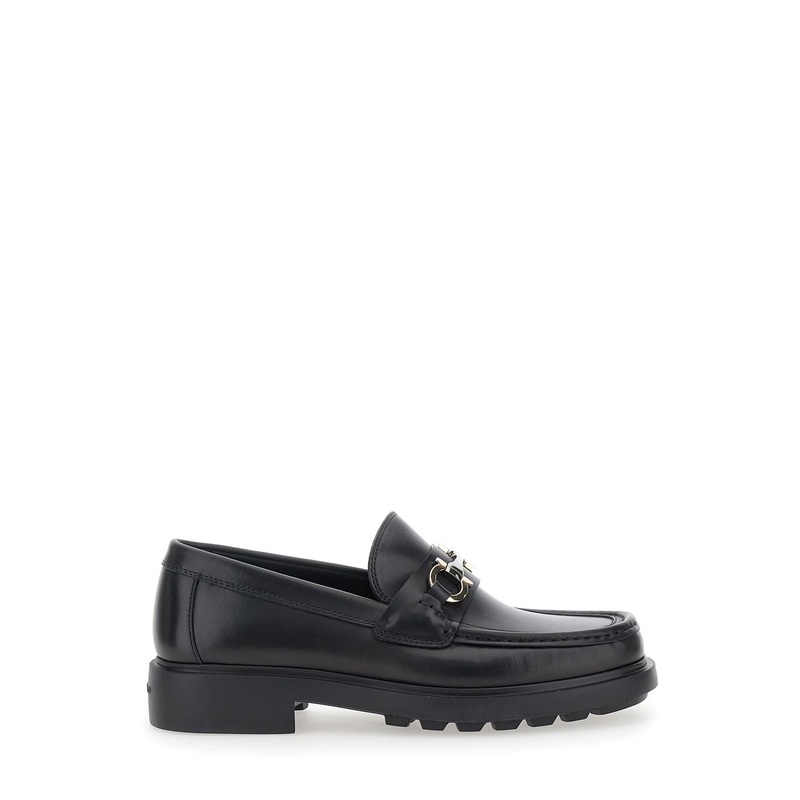 ‘Duglas’ Black Loafers with Gancini Plaque on the Front and Embossed Logo on the Rear in Leather Man