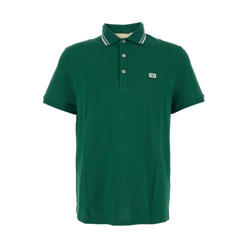 Green Polo Shirt with Classic Collar with Stirped Detail and Logo Patch on the Front in Cotton Piquet Man