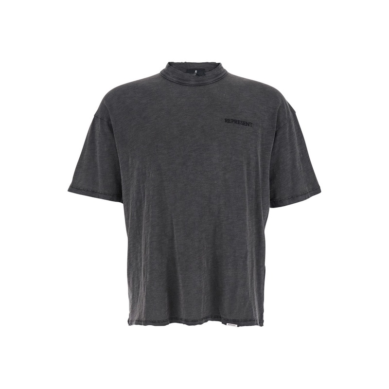 Grey Crewneck T-Shirt with Logo Lettering on the Front in Cotton Man