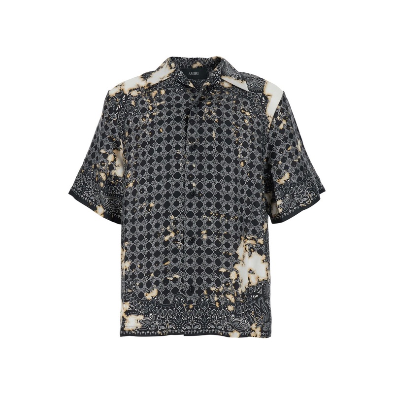 Grey Shirt with All-Over Bandana Print and Cuban Collar in Silk Man