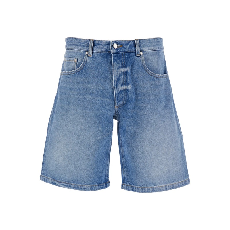 Light Blue Bermuda Pants with Wide Leg and Logo Patch on the Rear in Denim Man