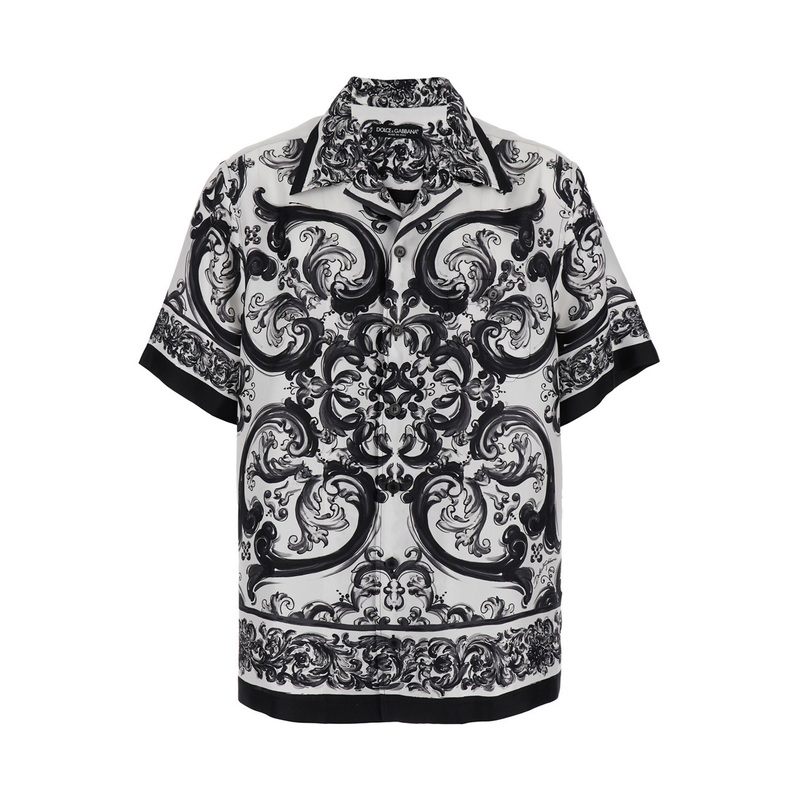 ‘Maiolica’ Black and White Bowling Shirt with Cuban Collar and All-Over Print in Silk Man
