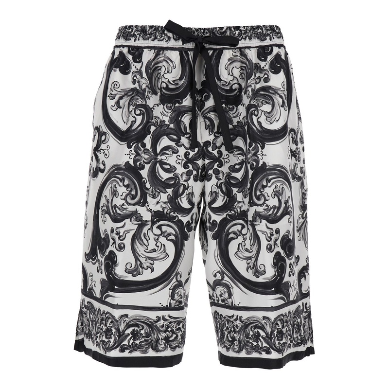 ‘Maiolica’ Black and White Shorts with Elastic Drawstring closure and All-Over Print in Silk Man