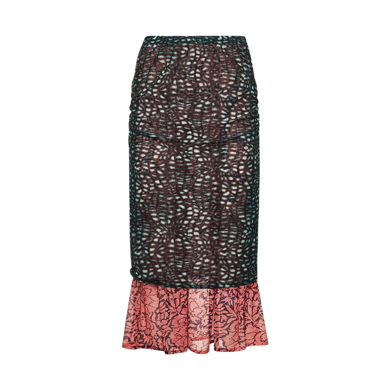 Printed mesh layered midi skirt