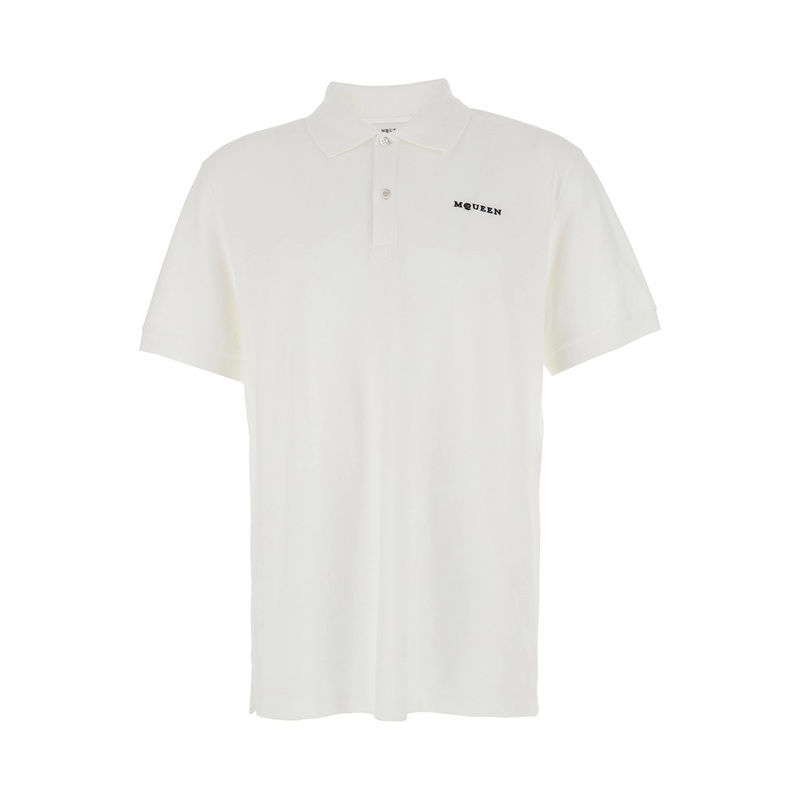 White Polo Shirt with Classic Collar and Logo Lettering Embroidery on the Front in Cotton Man