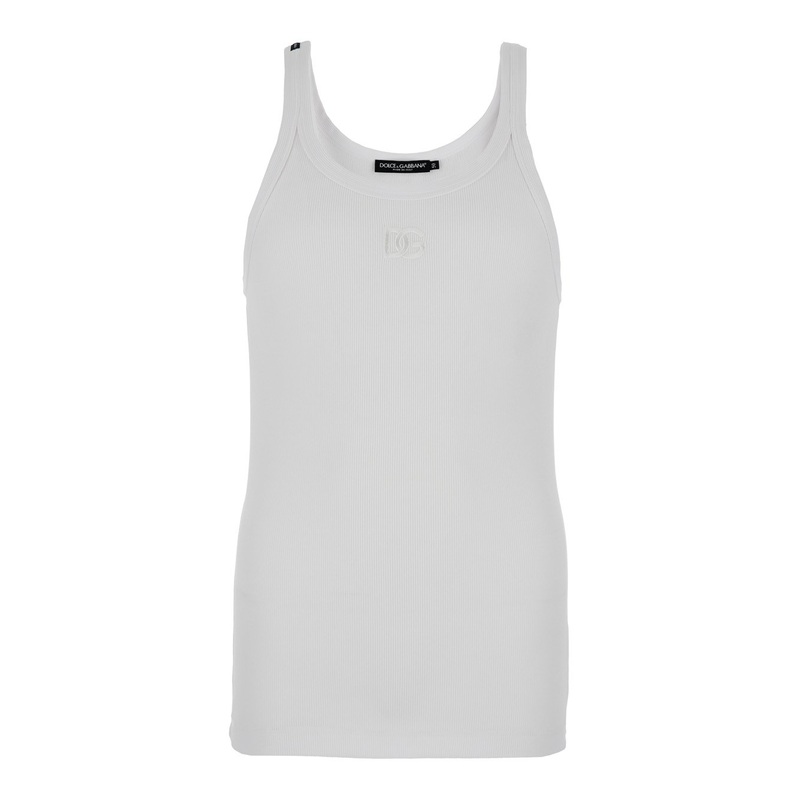 White Sleeveless Top with Logo Embroidery on the Front and Ribbed Knit in Cotton Man