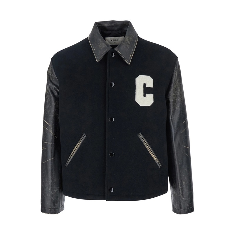 Black Jacket with Classic Collar and Logo Patch on the Front in Cotton and Leather Man