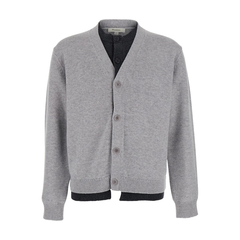 Grey Cardigan with V-Neck and Layered Design in Fabric Man