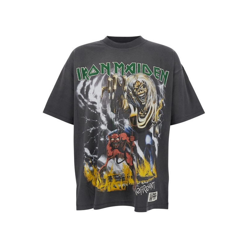 Grey Crewneck T-Shirt with Maxi Graphic Print on Front and Rear in Cotton Blend Man