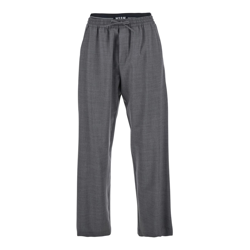 Grey Pants with Elastic Drawstring Waist in Wool Stretch Man