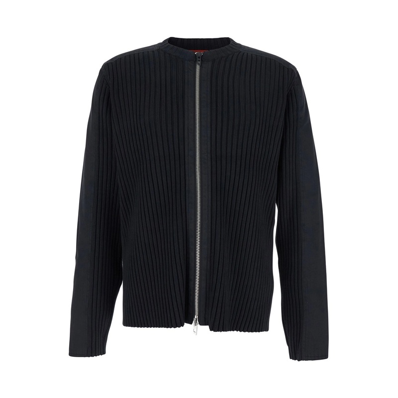 ‘K-Matty’ Black Crewneck Ribbed Knit Sweatshirt with Front Zip Closure in Cotton Man