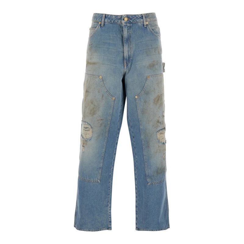 Light Blue Jeans with Ripped Details and Distressed Effect in Denim Man
