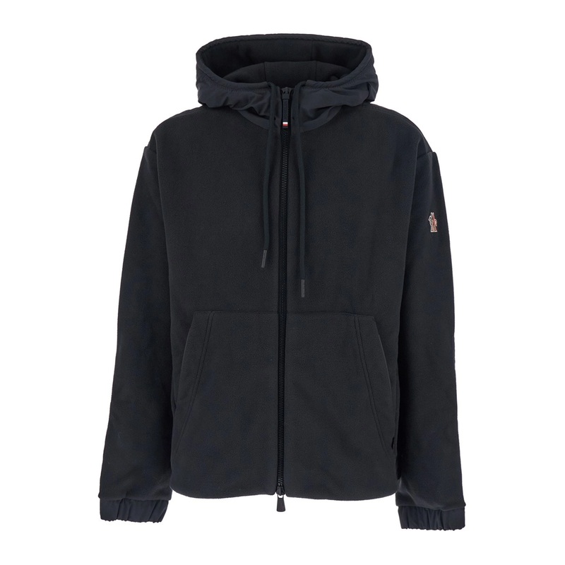 Black Cardigan with Drawstring Hood and Logo Embroidery on the Sleeve in Tech Fabric Man