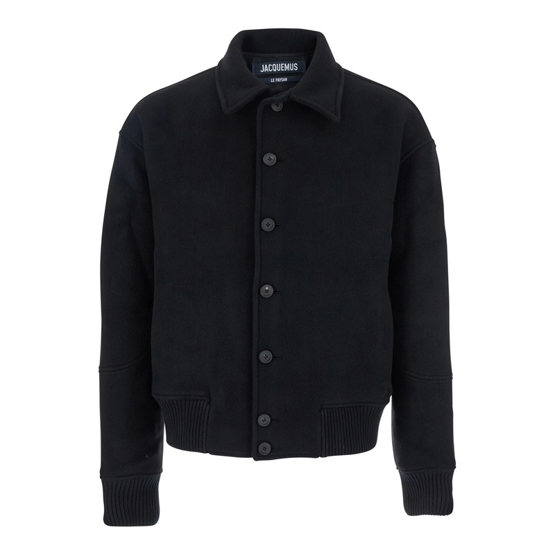Black Jacket with Classic Collar and Dropped Shoulders in Wool Man