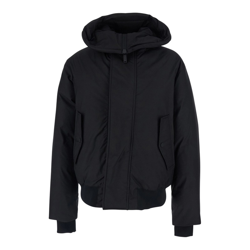 Black Jacket with Hood and Logo Lettering Detail on the inside in Tech Fabric Man