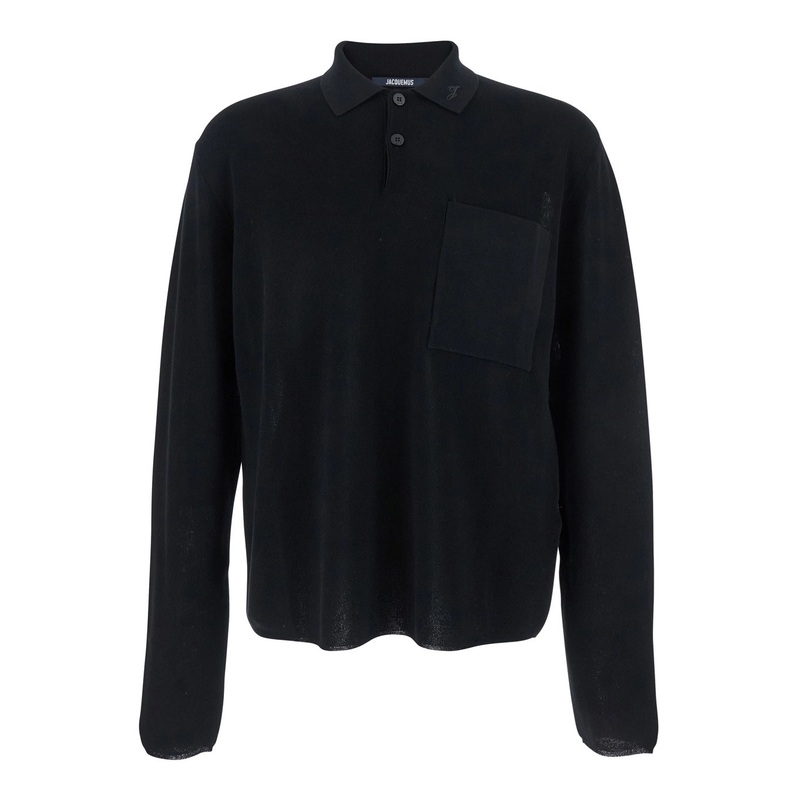 Black Polo Shirt with Tone-on-Tone Logo on Front in Cotton Knit Man