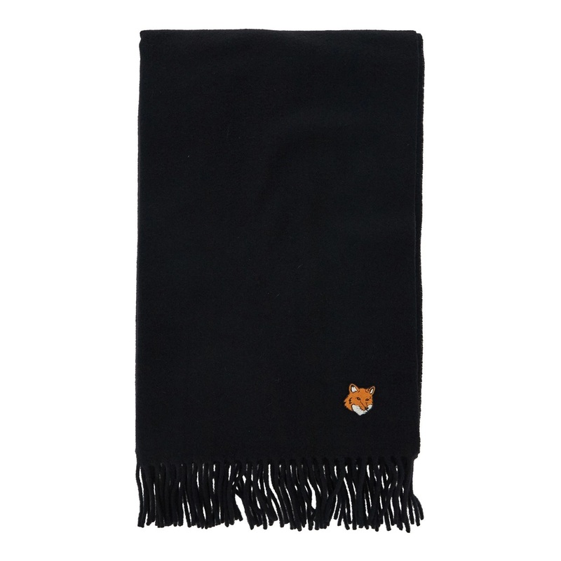 Black Scarf with Logo Patch on the Front and Fringed Hem in Wool Man