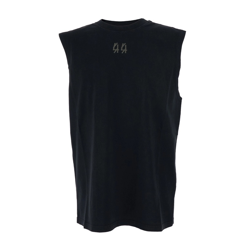 Black Sleeveless Crewneck Top with Logo Detail on the Front and Maxi Logo Print on the Rear in Cotton Man