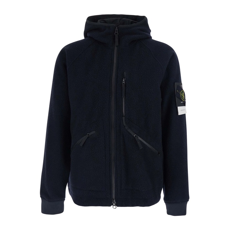Blue Jacket with Fixed Hood and Logo Patch on the Sleeve in Fleece Man