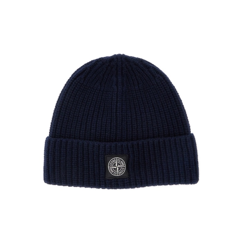 Blue Knit Beanie with Logo Patch on the Front in Wool Man