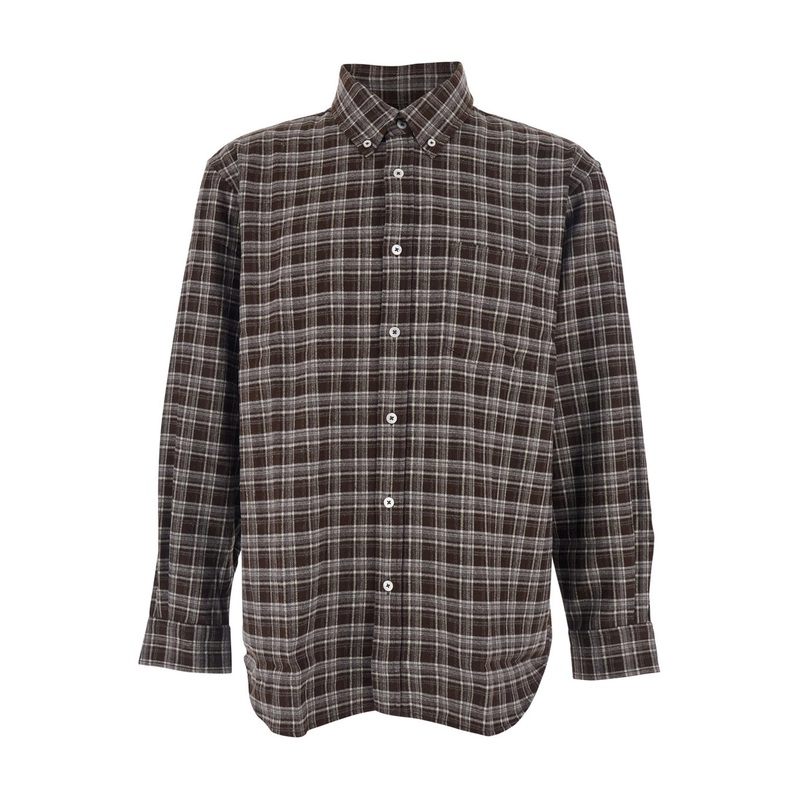 Brown Checkered Shirt with Front Logo Patch in Flannel Man