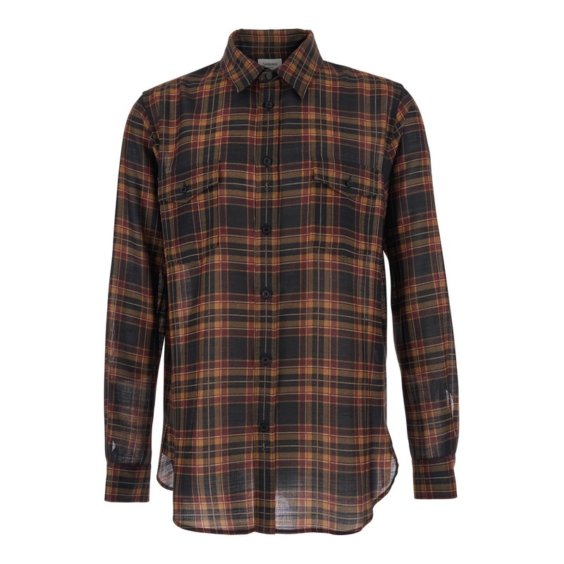 Brown Shirt with Pointed Collar and All-Over Tartan Motif in Wool Man