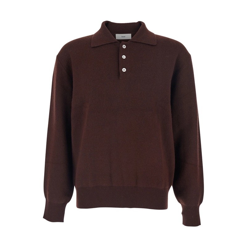 Brown Sweater with Polo Collar and Ribbed Details in Cashmere Man
