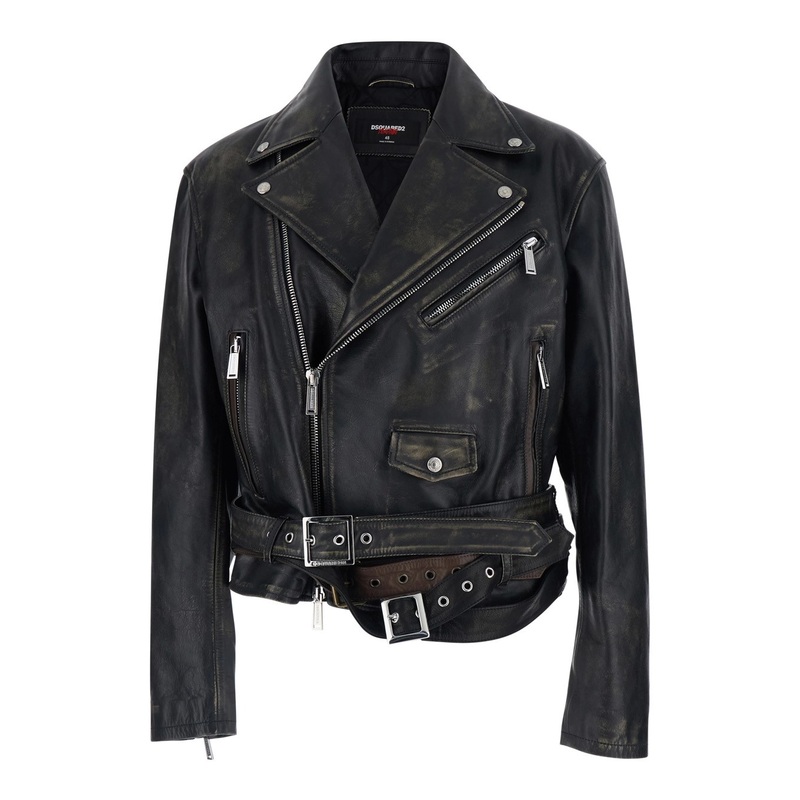 ‘D2 x Magliano’ Black Biker Jacket with Wide Classic Lapels and Logoed Belt at the Waist in Leather Man
