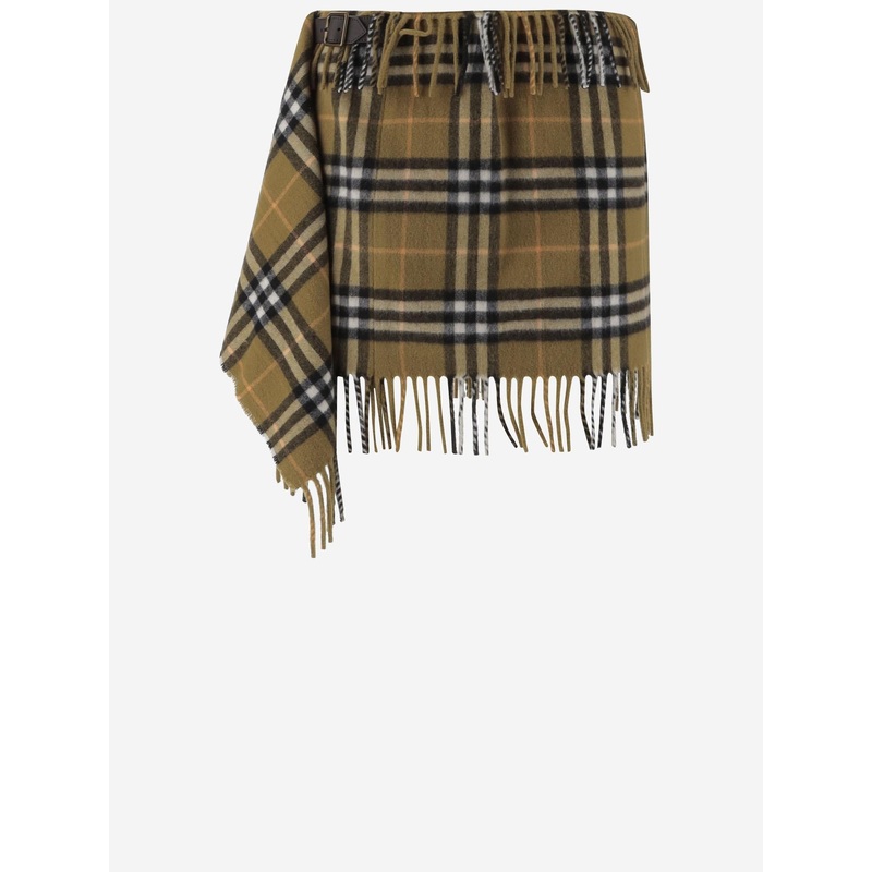 Fringed Check Cashmere Skirt|Red|XS