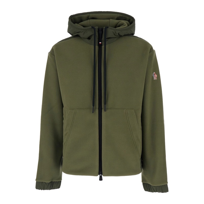 Green Cardigan with Drawstring Hood and Logo Embroidery on the Sleeve in Tech Fabric Man