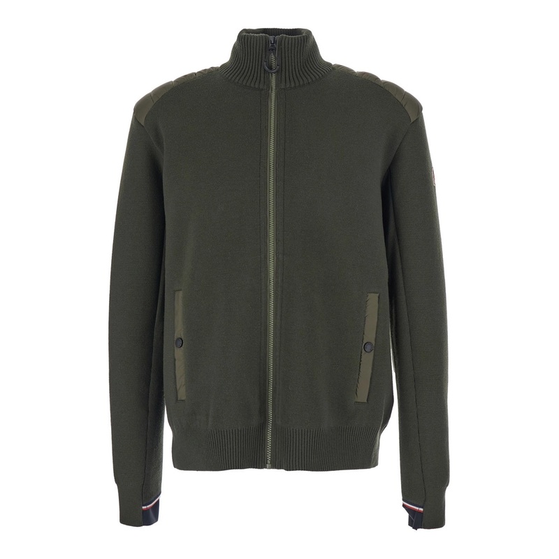 Green Cardigan with Logo Embroidery on the Sleeve and Down Filled Details on the Sleeves in Tech Fabric Man