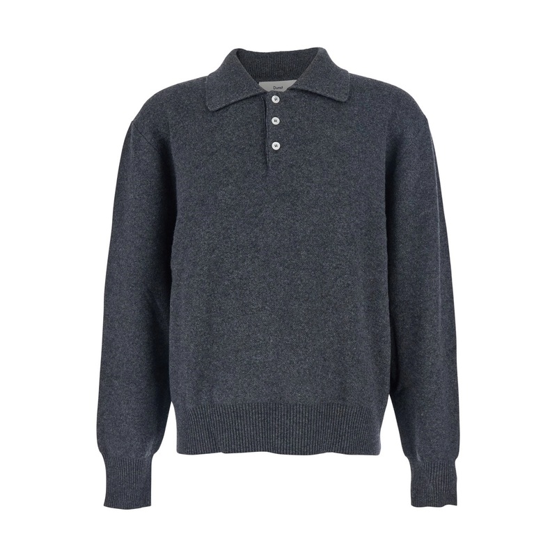 Grey Sweater with Polo Collar and Ribbed Details in Cashmere Man