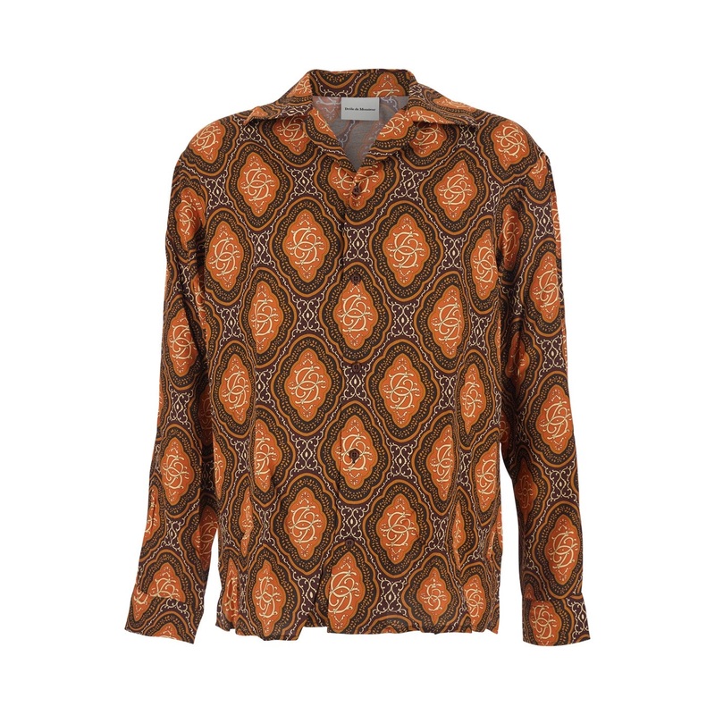 ‘La Chemise Mdaillon ML’ Brown Shirt with Cuban Collar and All-Over Pattern in Viscose Man