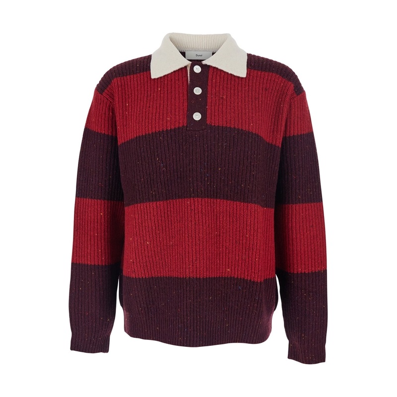 Red Polo Shirt with Ribbed Design and Striped Motif in Wool Man