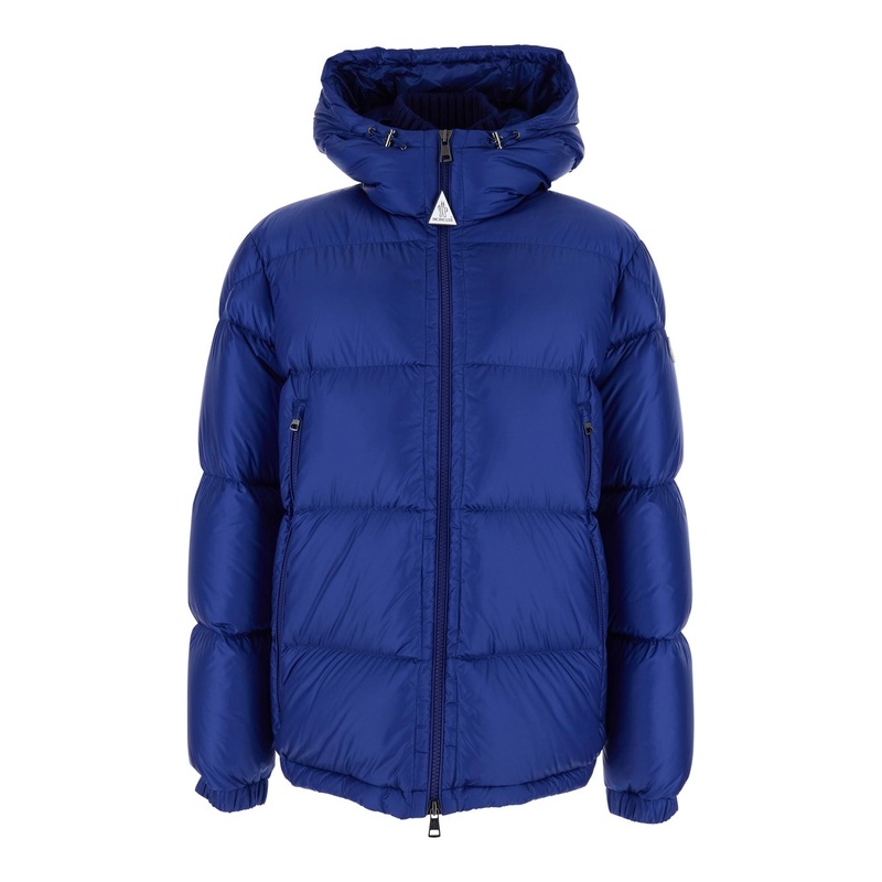 ‘Rivau’ Blue Down Jacket with Fixed Hood and Logo Patch on the Sleeve in Tech Fabric Man