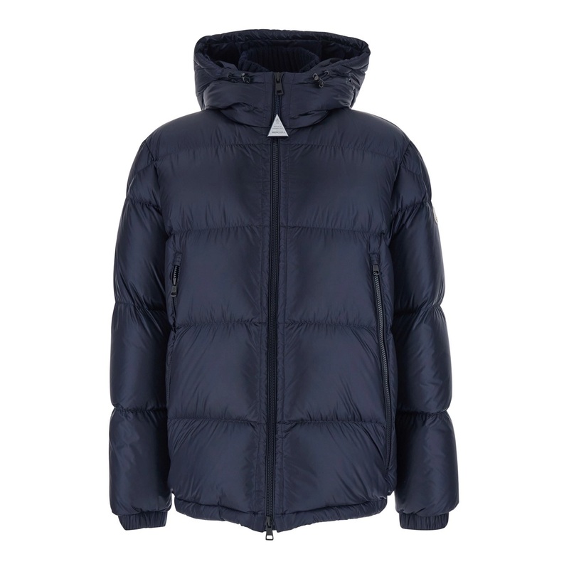 ‘Rivau’ Dark Blue Down Jacket with Fixed Hood and Logo Patch on the Sleeve in Tech Fabric Man