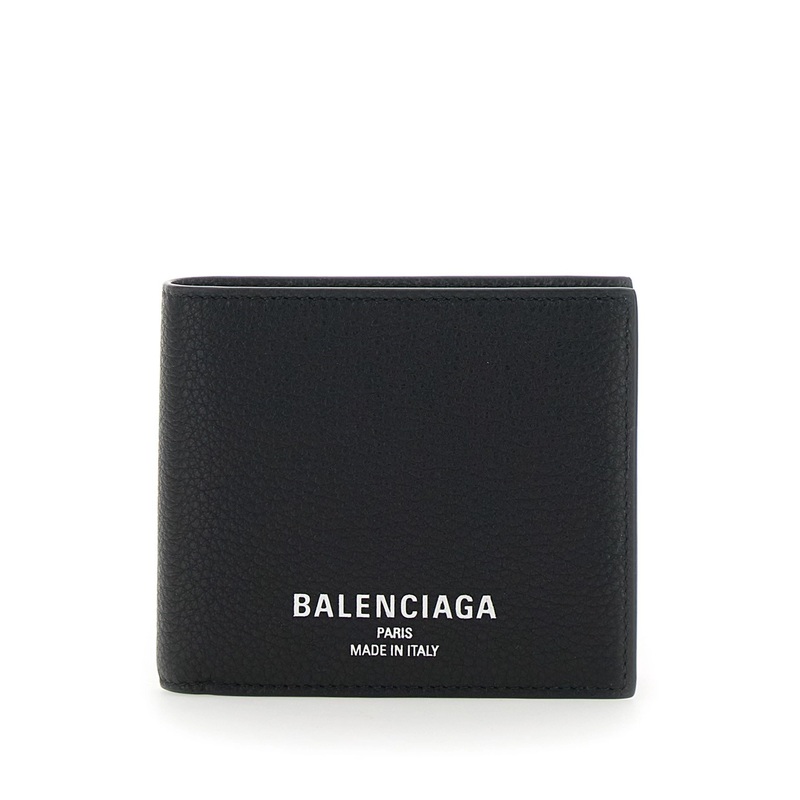 Black Bi-Fold Wallet with Logo Lettering on the Front in Grained Leather Man