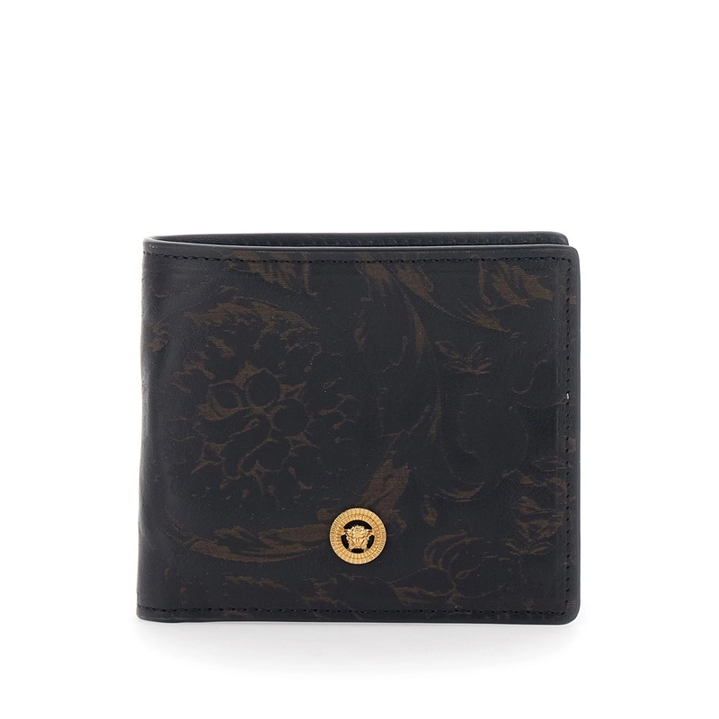 Black Bi-Fold Wallet with Medusa Plaque on the Front and Logo Lettering on the Rear in Ecoleather Man